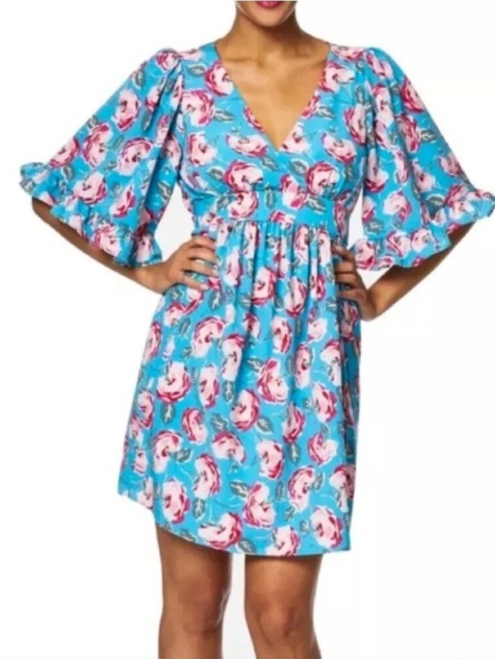 Betsey Johnson Size 12 V-Neck Bell Sleeve Floral Short Dress Island Blue - Picture 7 of 8